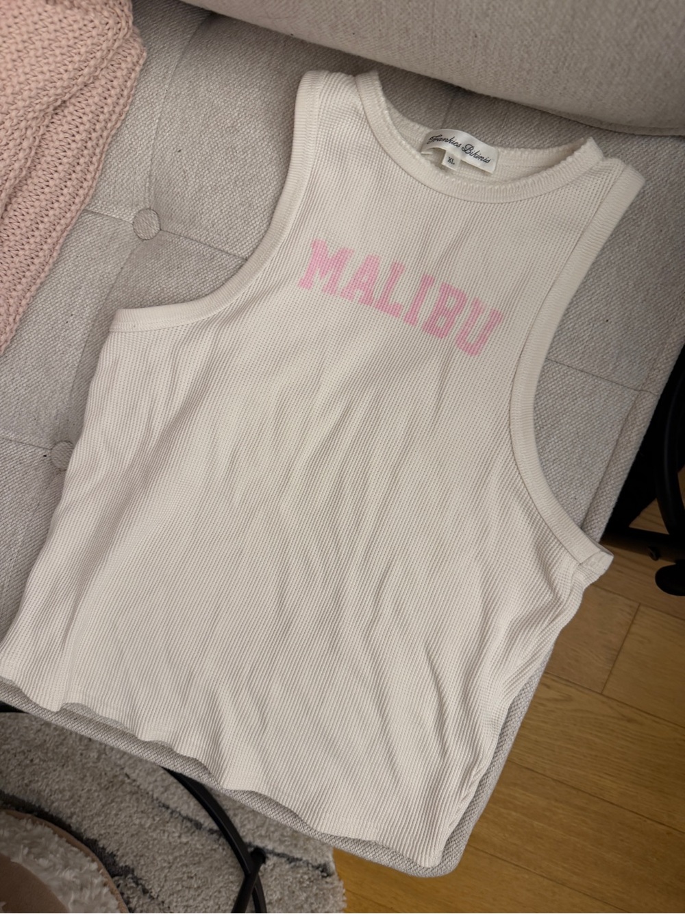 Frankies Bikini Malibu Ribbed Tank Top - White with Pink Logo